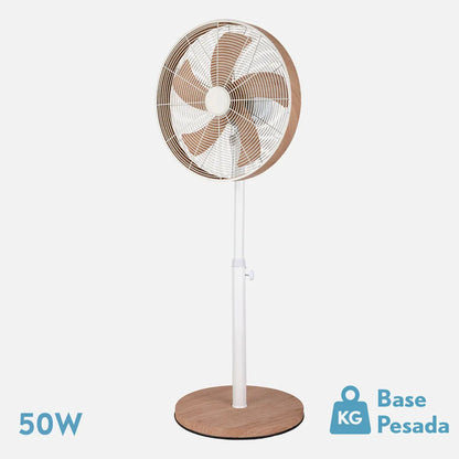 Ventilador De Pie Alcañiz Blanco/haya 3 velocidades 50w. 5 aspas Oscilante Y Rotatorio Regulable 45x37cm