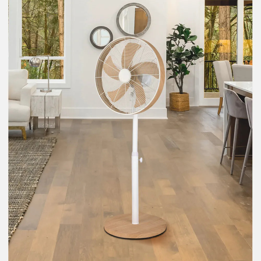 Ventilador De Pie Alcañiz Blanco/haya 3 velocidades 50w. 5 aspas Oscilante Y Rotatorio Regulable 45x37cm
