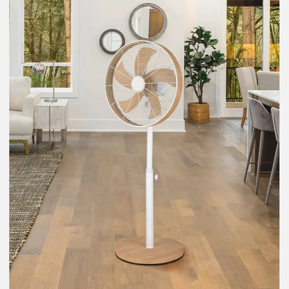Ventilador De Pie Alcañiz Blanco/haya 3 velocidades 50w. 5 aspas Oscilante Y Rotatorio Regulable 45x37cm