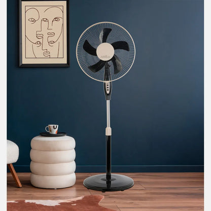Ventilador De Pie Belmonte Negro/beis 3 Velocidades 45w 5 aspas Orientable, Fijo y Rotatorio Regulable 43x40 Cm