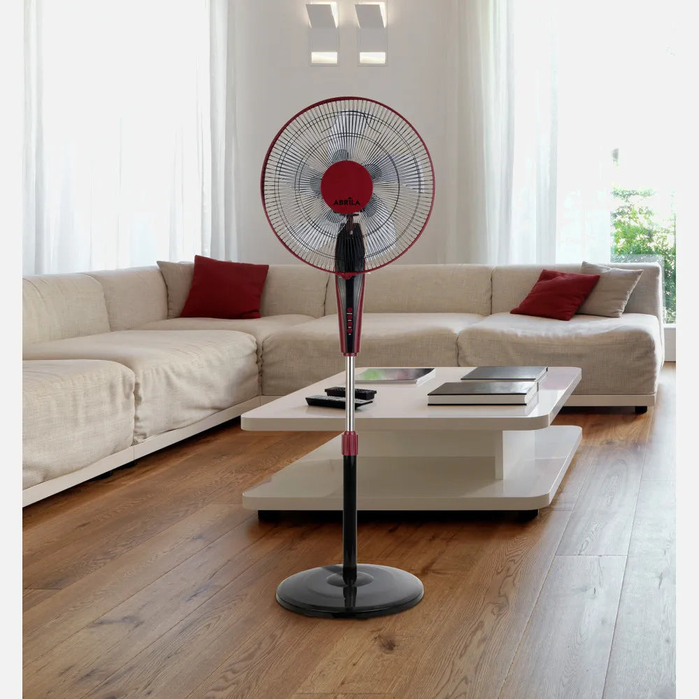 Ventilador De Pie Borlon Negro/burdeos 3 Velocidades 55w 5x2 aspas Orientable+ Remoto+ Temporizador Regulable 43x40 Cm