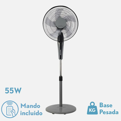 Ventilador De Pie Borlon Negro/gris 3 Velocidades 55w 5x2aspas Orientable+ Remoto+ Temporizador Regulable 43x40 Cm