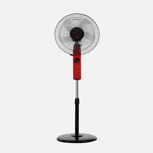 Ventilador De Pie Circus Rojo/negro 3 velocidades 45w Regulable 43x40cm Oscilante 5 aspas. c/ Remoto, temporizador