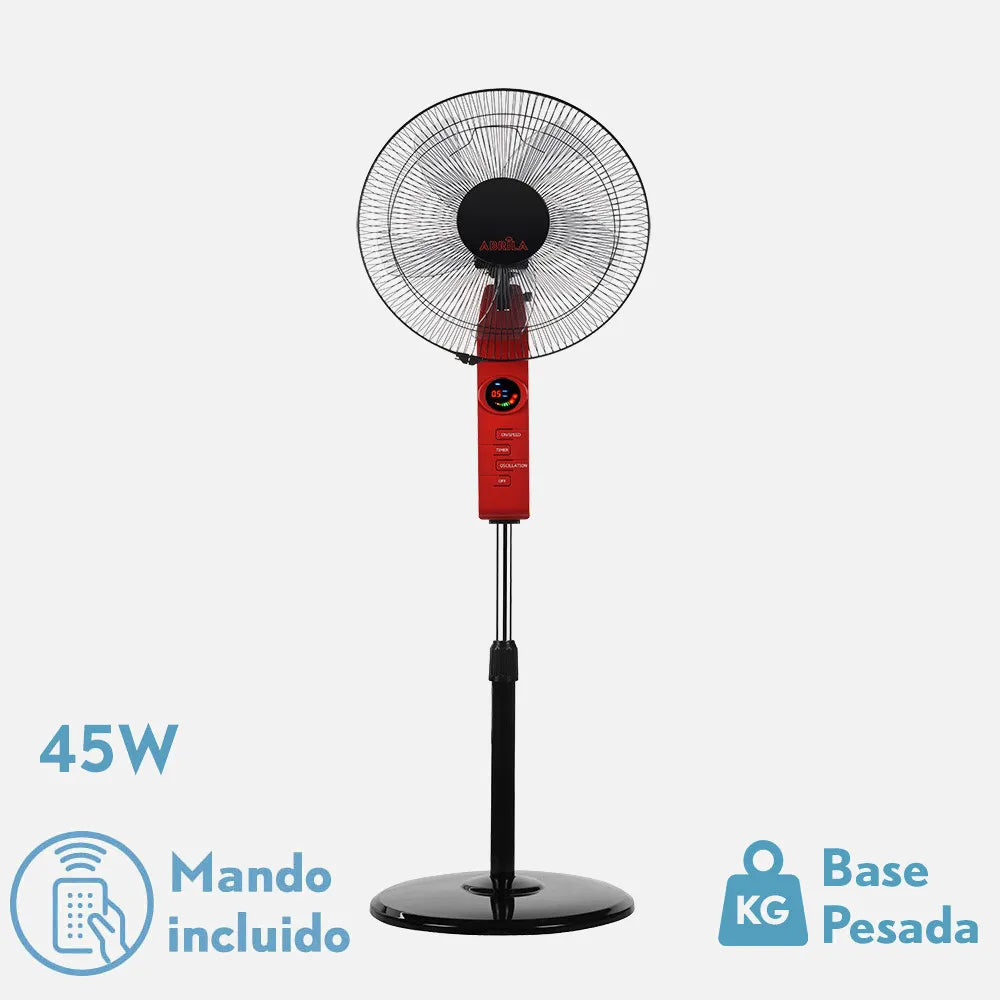 Ventilador De Pie Circus Rojo/negro 3 velocidades 45w Regulable 43x40cm Oscilante 5 aspas. c/ Remoto, temporizador