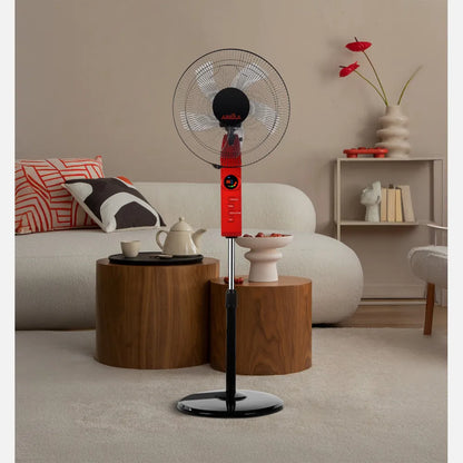Ventilador De Pie Circus Rojo/negro 3 velocidades 45w Regulable 43x40cm Oscilante 5 aspas. c/ Remoto, temporizador