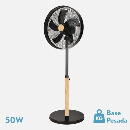 Ventilador De Pie Falcon Negro/haya 3velocidades 50w. 5 aspas Oscilante Y Rotatorio Regulable 45x37cm