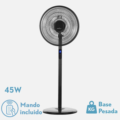 Ventilador De Pie Icono Negro 3 velocidades 45w 119x44x40 Oscilante 5 aspas c/ Remoto, temporizador