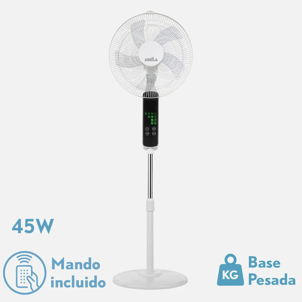 Ventilador De Pie Rodium Blanco 3 velocidades 45w Regulable 43x40cm Oscilante 5 aspas táctil C/remoto Y temporizador