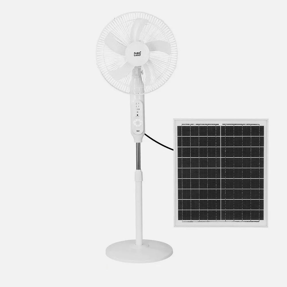 Ventilador de pie DC Solar Clima Blanco 30 W 3 velocidades 5 aspas Puerto USB y luz C/remoto Cable 4,20 m