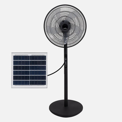 Ventilador de pie solar Rialto negro, 30 W, 3 velocidades, 5 aspas, puerto USB, batería de litio, 112 x 41 x 38 cm