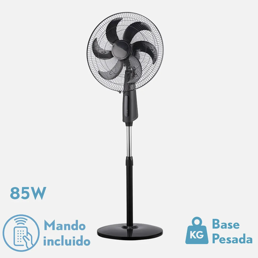 Ventilador De Pie Tolon Negro 3 Velocidades 85w 6 aspas Remoto Temporizador 3 modos De Aire Regulable 50x43 Cm