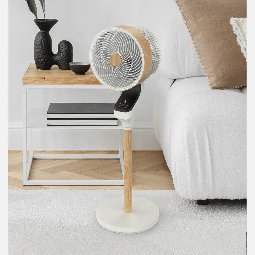 Ventilador Pie Bizancio Blanco/haya 50w 3 velocidades 95x30x30 Oscilante, táctil Display, remoto, temporizador